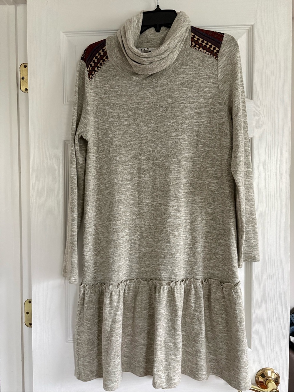 THML Cozy Grey Cowl Neck Dress with Embroidered Shoulder Detail